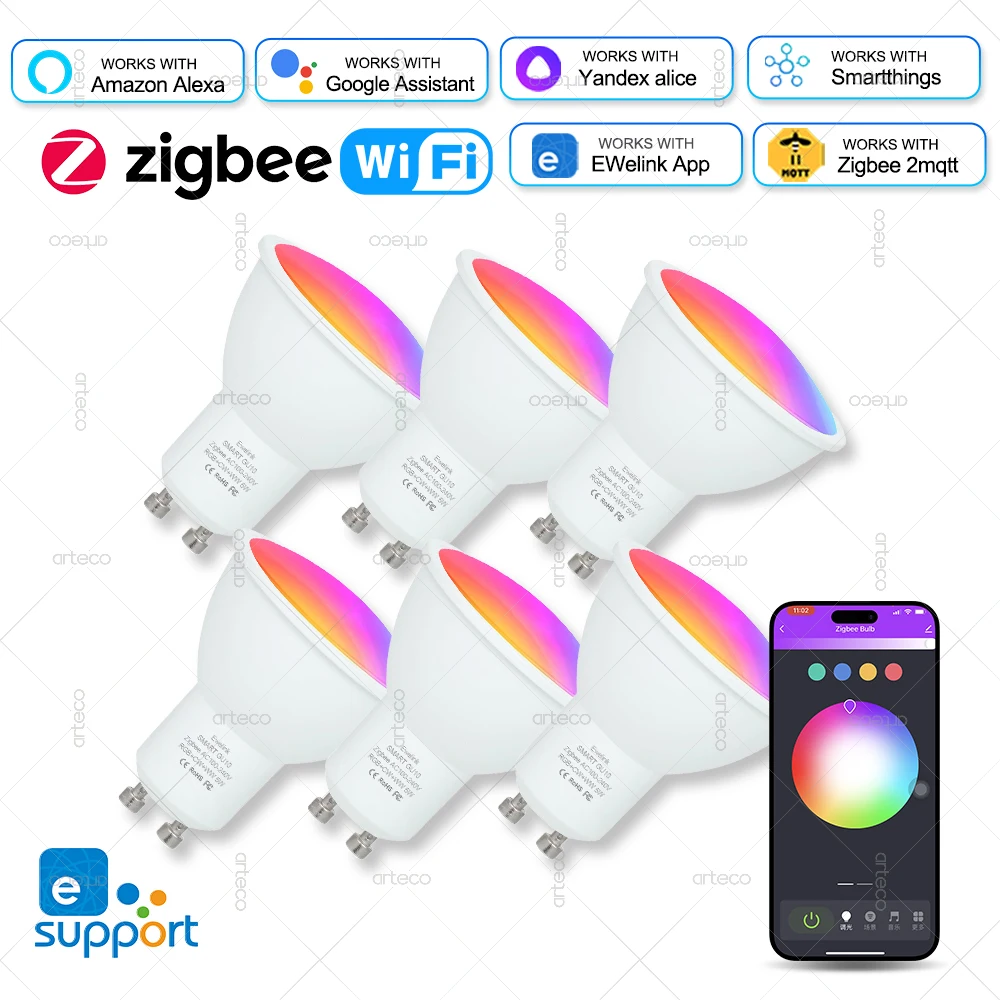 

Ewelink GU10 Zigbee Светодиодные лампы Wi-Fi Smart LED Lamp RGB CW WW Светодиодная лампа работает с Alexa Google Home Yandex Alice Smartthings