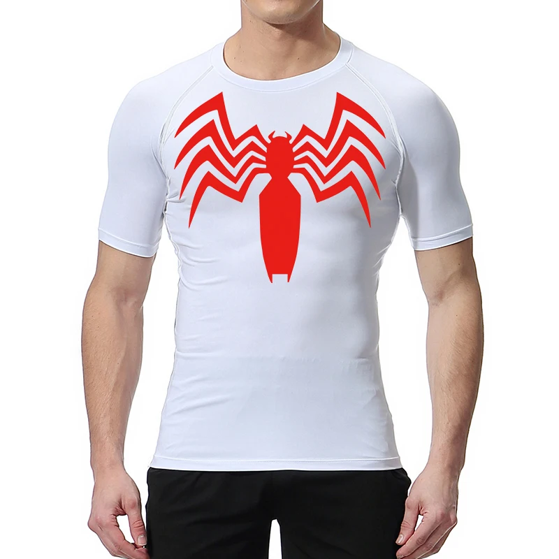 Spider Print Compression Shirts for Men Summer Short Sleeve Rash Guard Gym Workout Running Tshirt Athletic Quick Dry Tees Tops