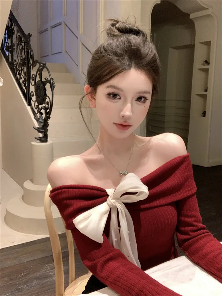

Women Bow Slash Neck Irregular Bottoming Shirt Spring Fashion Red Black Long-sleeved Slim T-shirt Off Shoulder Short Sweater Top