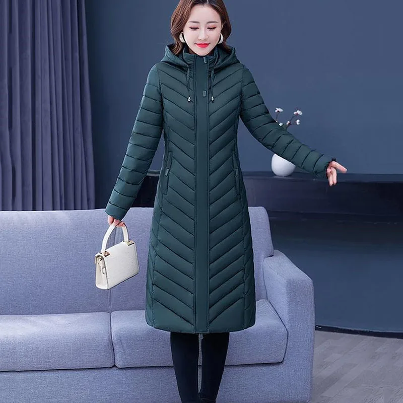 NEW Middle-aged Womens Down Cotton Coat Winter Long Warm Quilted Cotton Jacket Female Casual Hooded Parka Overcoat Purple 5XL