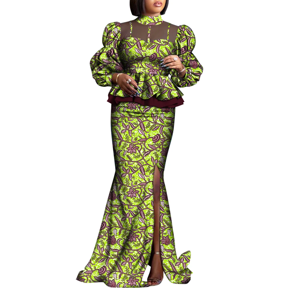 2 Pieces Set Women Skirt and Top Set African Clothes for Women Print Clothing Ankara Blouse and Split Skirts Suits Set WY8456