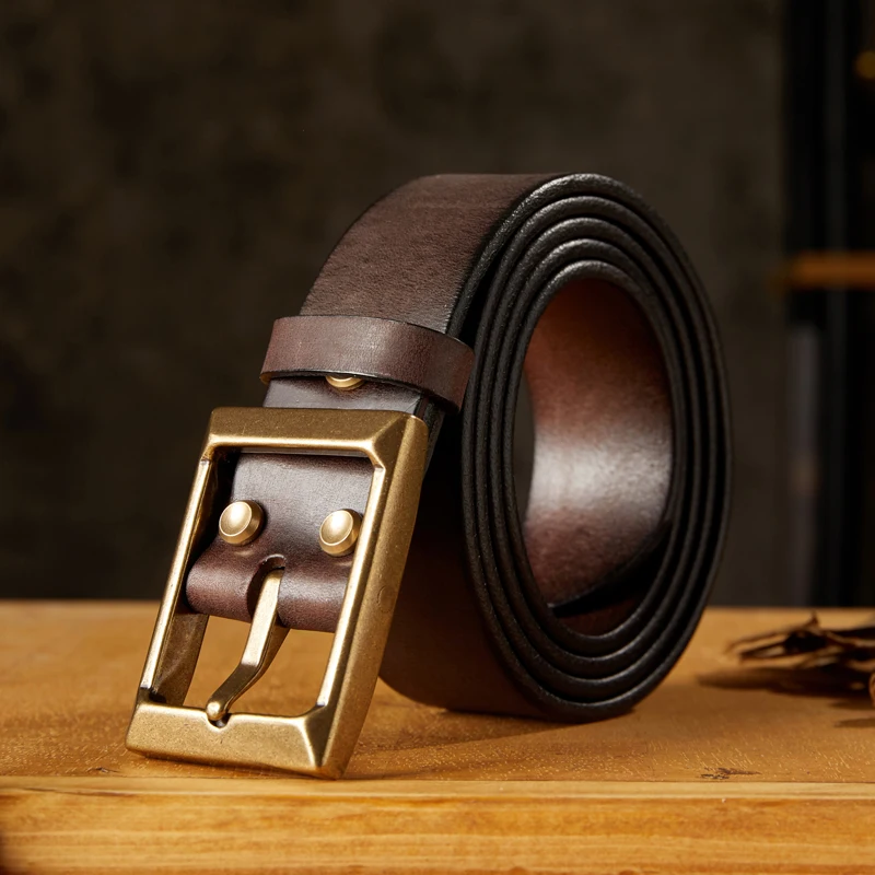 Handmade Full Grain Cowhide Leather Belt For Men 4cm Width Vintage Genuine Leather With Cooper Pin Buckle Daily Life Jeans Strap