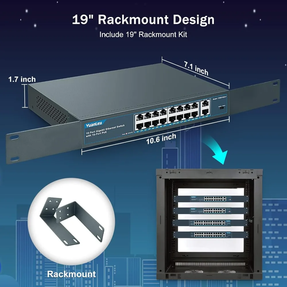 

16 Port Gigabit PoE Switch with 2 Gigabit Uplink, 16 PoE+ Port 1000Mbps, 250W 802.3af/at