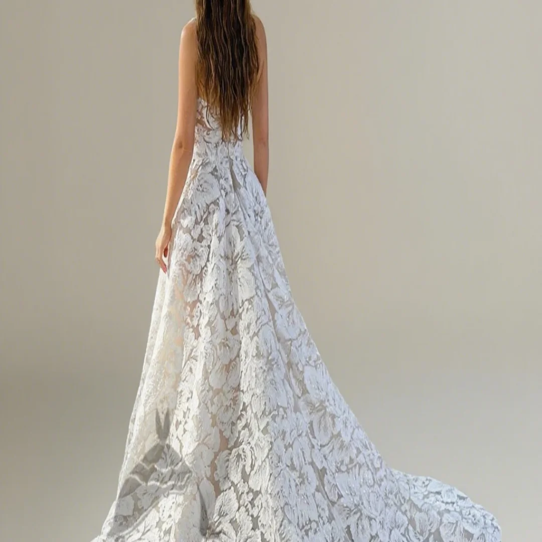 Formal wedding champagne bridal gown custom-made luxurious lace Bohemian wedding dress off-the-shoulder