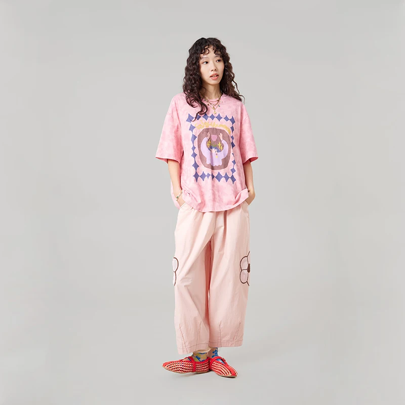 MOVEUP Casual Straight Pants 2026 Summer New Pure Cotton Elastic Waist Embroidered Casual Commuting Trousers For Women 3ELX20118