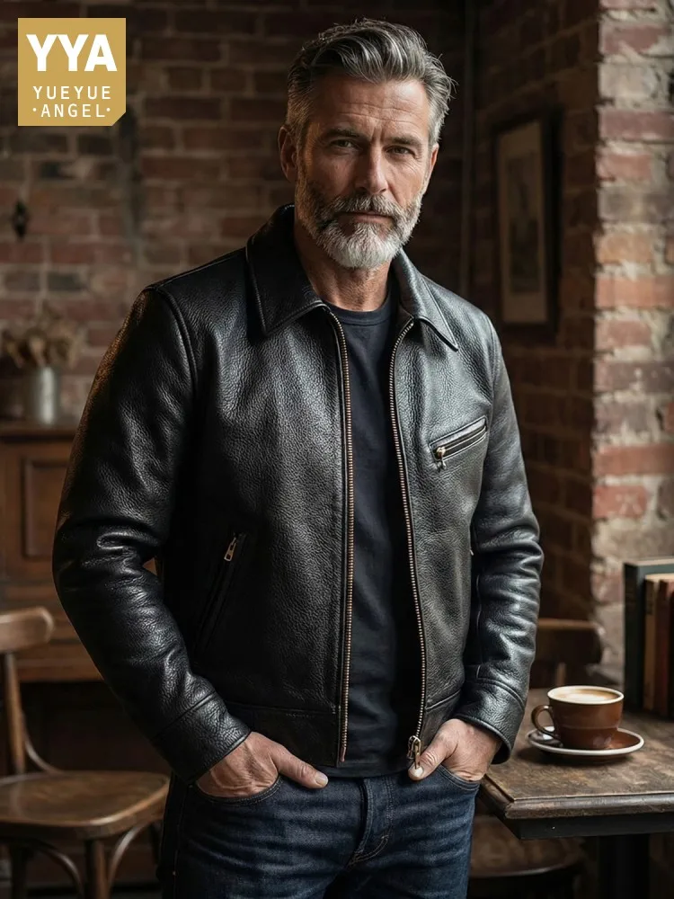 100% Natural Cowhide Genuine Leather Jacket Men Slim Fit Motorcycle Biker Coat Short Style Thick Windproof Jacket Work Outerwear