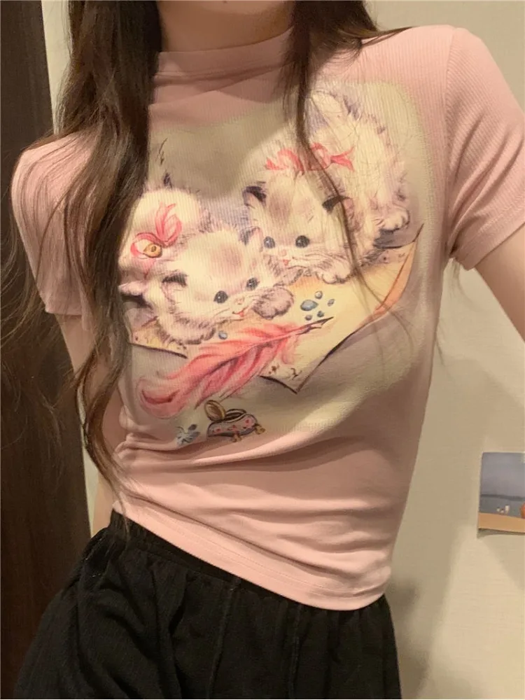 Sweet Yellow Short Sleeved T-shirt for Women 2024 Summer Fashion Slim Fit Tee Shirt Y2k Grunge O-neck Kawaii Cat Print Tops