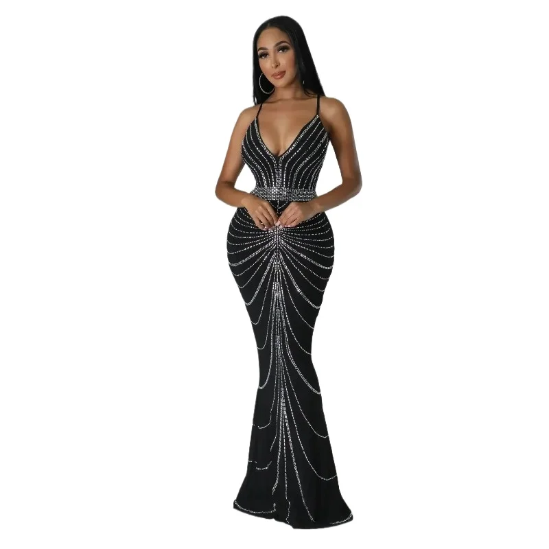 

Women Diamonds Hot Rhinestones Sleeveless Strap V-neck Mermaid Trumpet Maxi Dress 2025 Sexy Club Party Evening Dresses