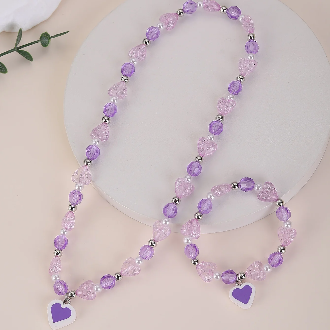 الأطفال الأرجواني كريستال على شكل قلب قلادة سوار دعوى لطيف مطاطا مطرز قطعتين مجموعة هدية صديق جيد
