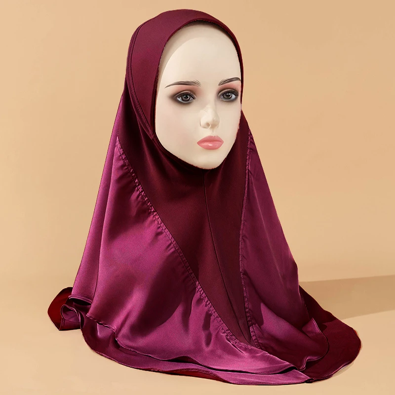 New Satin Turban Shawl For Women Solid Color Amira Jersey Muslim Hijab Headwrap Breathable Double Layer Turban Headscarf Wraps