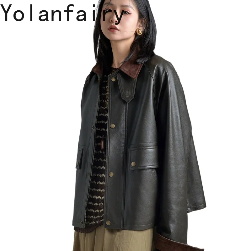 

YOLANFAIRY Full Vegetable Tanned Real Lambskin Leather Jacket Women Retro Olive Green Cropped 100% Sheepskin Coat Short Jackets