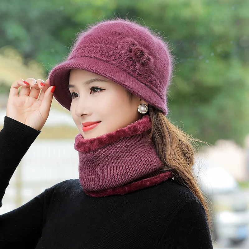 Scarf Hat Winter Knitted Woolen Cap Female Mom Cold Rabbit Hair Cap Grandmother Old Lady Knitted Decorative Warm Hats