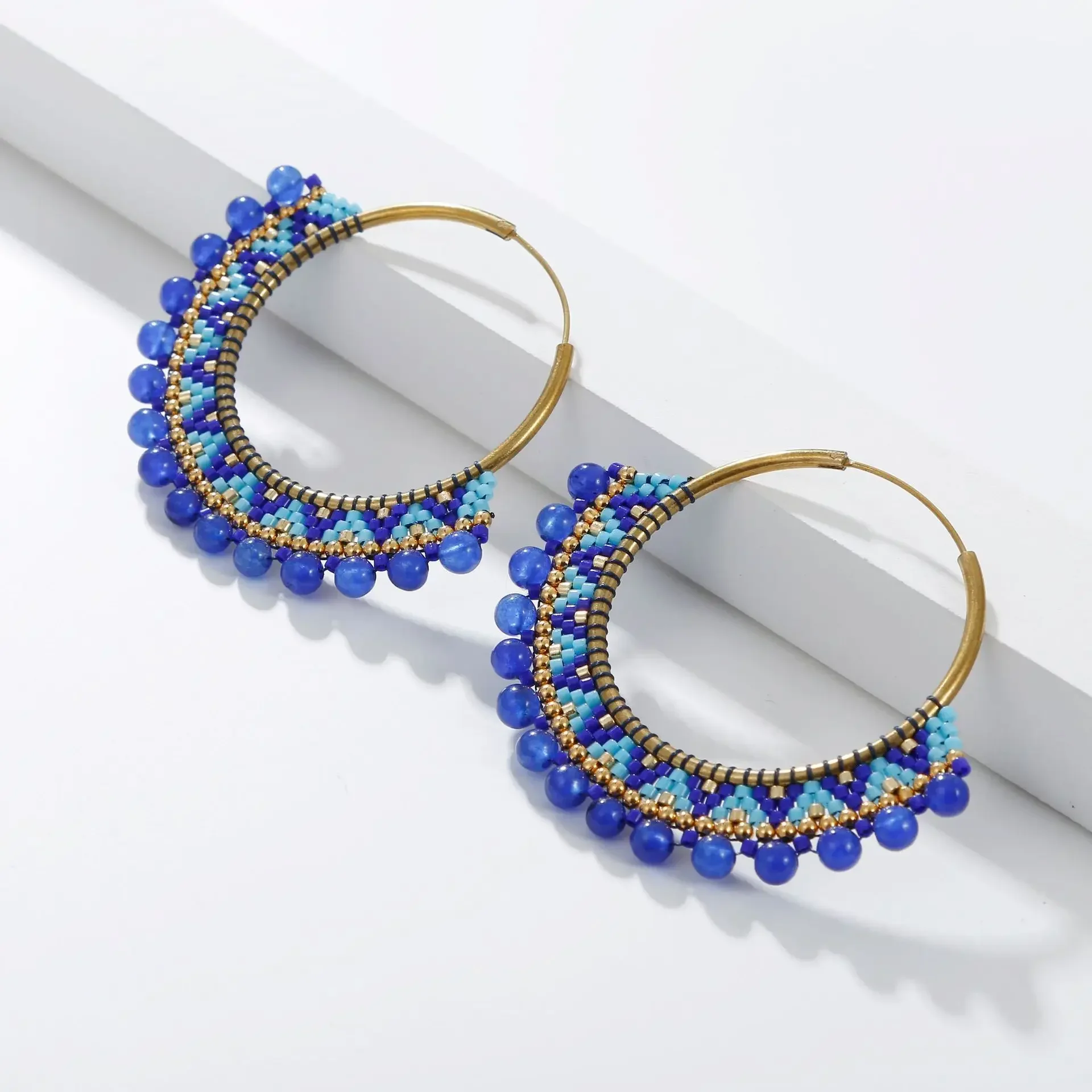Rice Bead Earrings  Hand knitting  Beaded  Wind around  Big circle  Exaggeration Rice pearl Bohemia alloy ma\'am Tassel Earrings