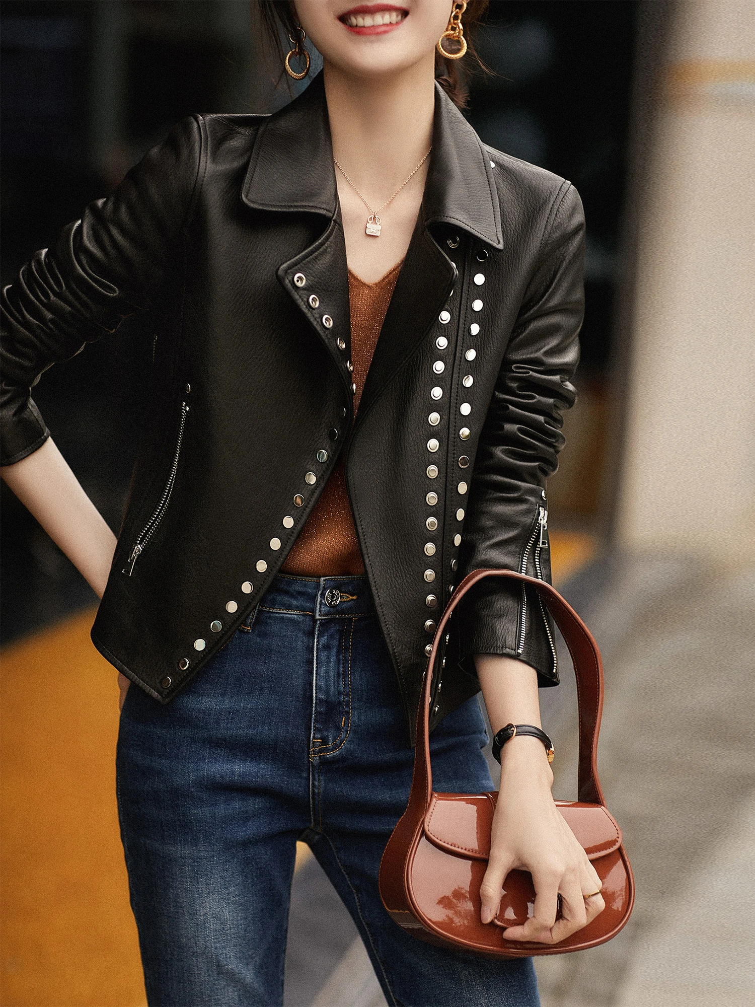 

Xhange Lightly Painted eepskin Motorcycle Jaet Spring Collection Elephant Pattern Commuter Sle Zipper Closure ort Coat