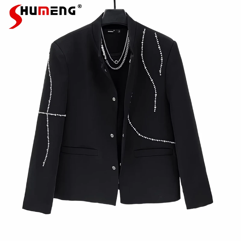 

2025 Men's Autumn New Stand Collar Fashion Suit Jackets Beaded Stylish Loose Tailored Coats Unique Long Sleeve Trendy Blazers