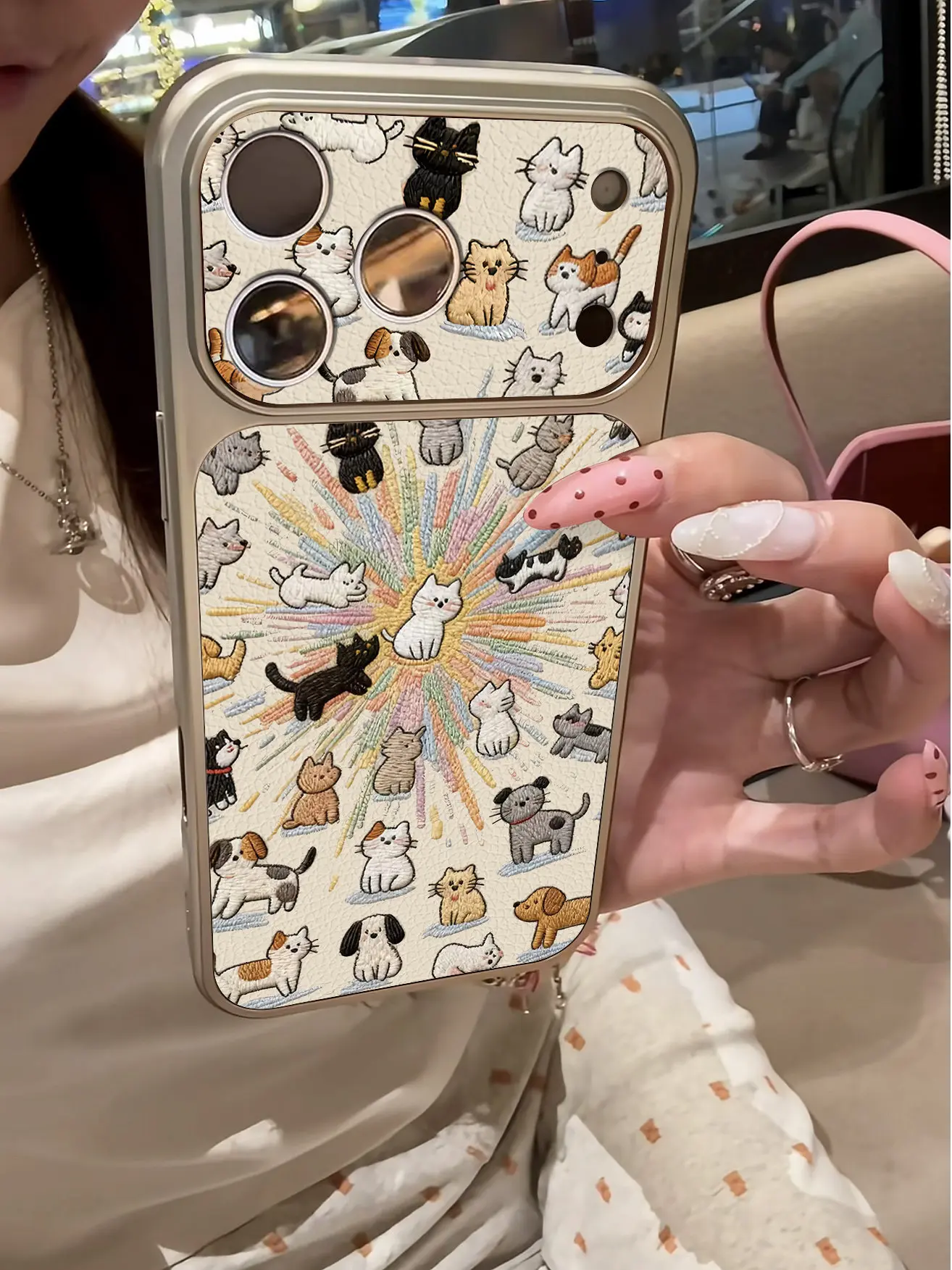 Cartoon-Farbige Kätzchen-Imitat 17 Handyhülle für iPhone 13 14 15 16 17 Pro Max 17Pro, Galvanisierter Stoßfänger, Stoßfeste Leder-INS-Hülle – Detail 11