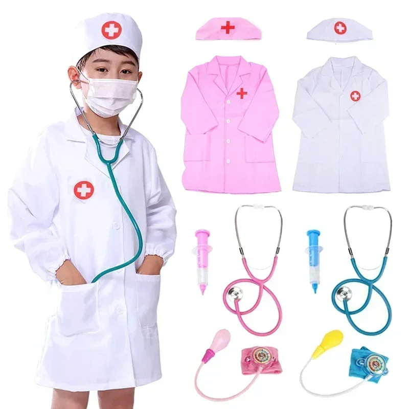 

New Kids Doctor Nurse Cosplay Coat Girls Boys Doctor Role Play Soft White Pink Coat for Children Stage Performance Cosplay