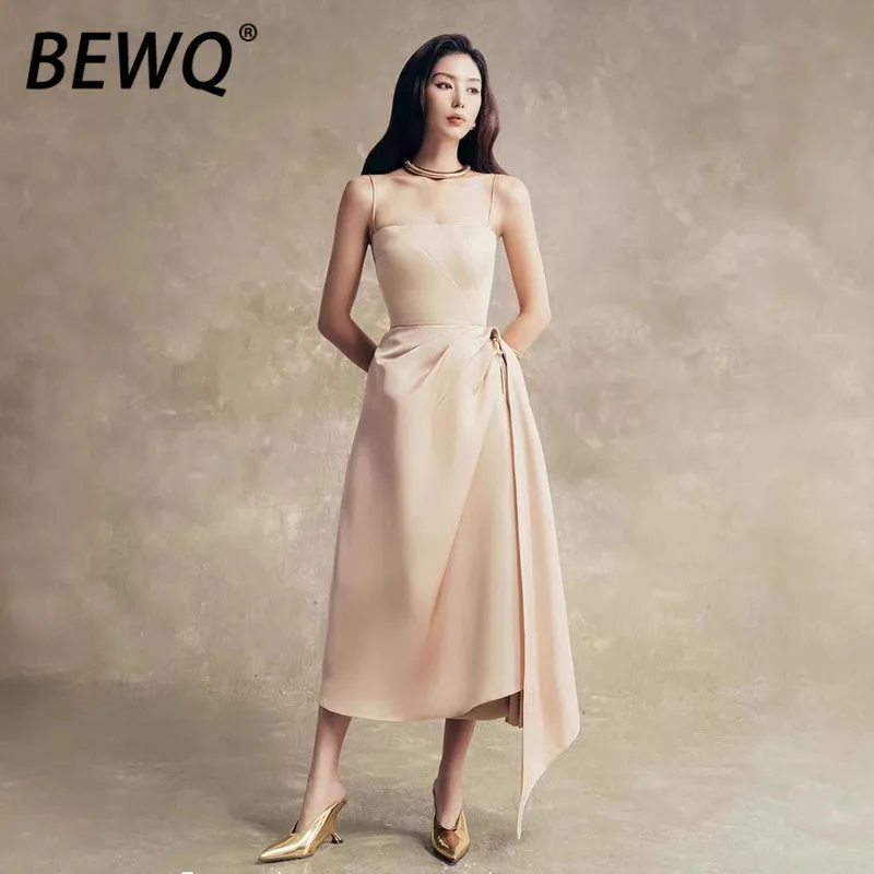 BEWQ – robe de soirée élégante en Satin pour femmes, taille haute, irrégulière, couleur unie, plissée, nouvelle collection automne 2025