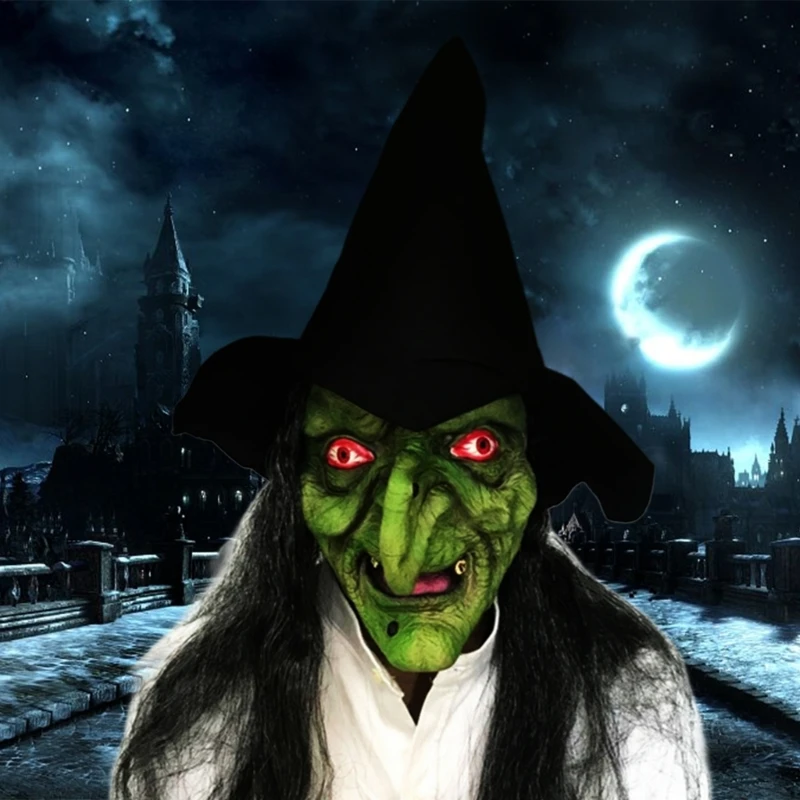 Green Witch Mask Halloween Latex Wizard Mask with Black Wigs Hat Scary Old Witch Head Mask Long Hair Mask for Costumes