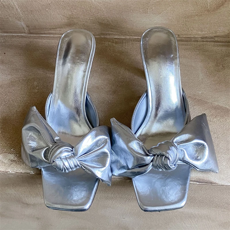

Aneikeh Women Silver Bow Heeled Mules Square Toe Slip-On Sandals Slippers Elegant Summer Party Wedding Striptease Shoes