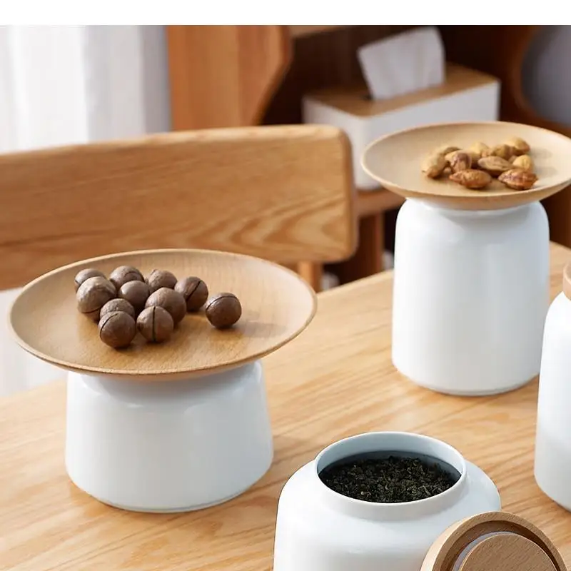 White Ceramic Jar Round Shape Wood Dried Fruit Plate Multi-function Storage Tray Snack Decorative with Lid