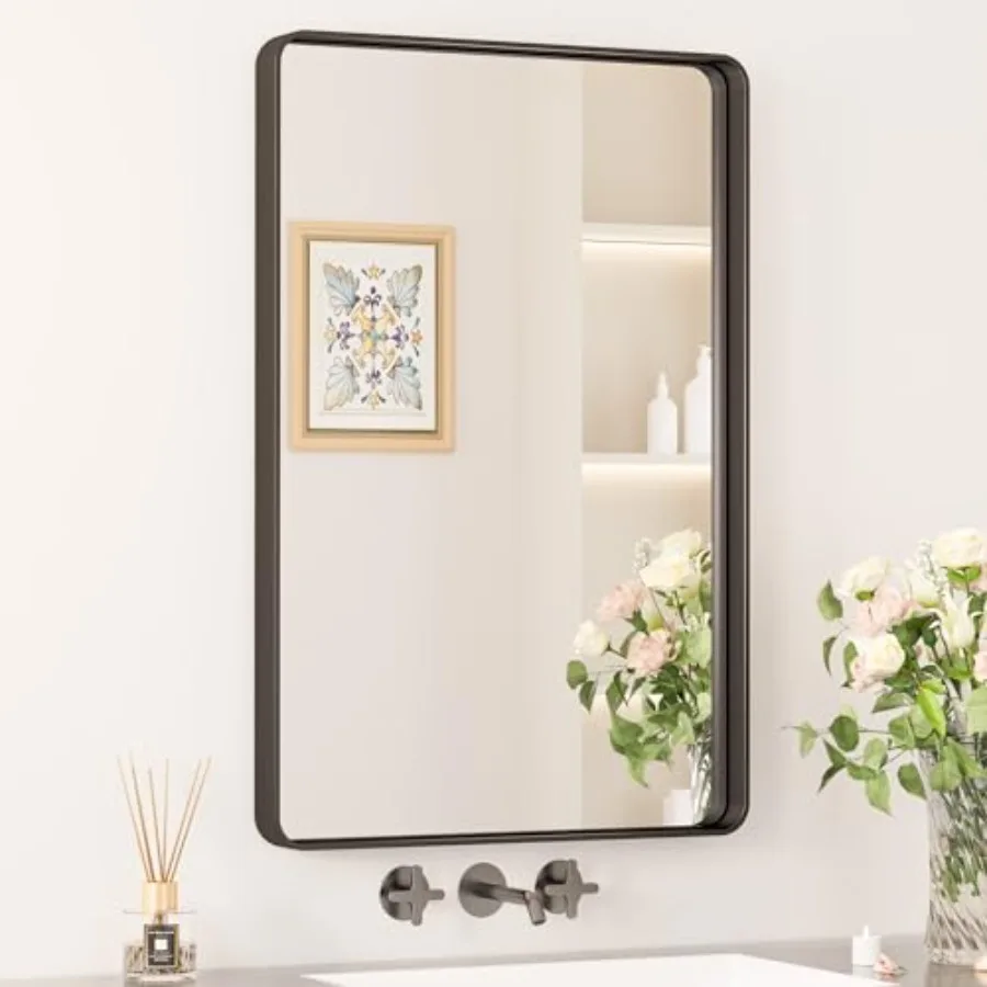 

20 x 30 Inch Rounded Rectangle Black Bathroom Mirror with Sandblasted Finish and Matte Black Farmhouse Style for Wall Mounted V