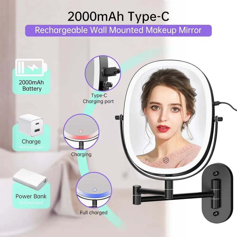 Doppelseitiger LED-Kosmetikspiegel mit 1-facher/7-facher Vergrößerung, verstellbarer Beleuchtung, ausziehbarem Arm, ovales Design in Kohleschwarz