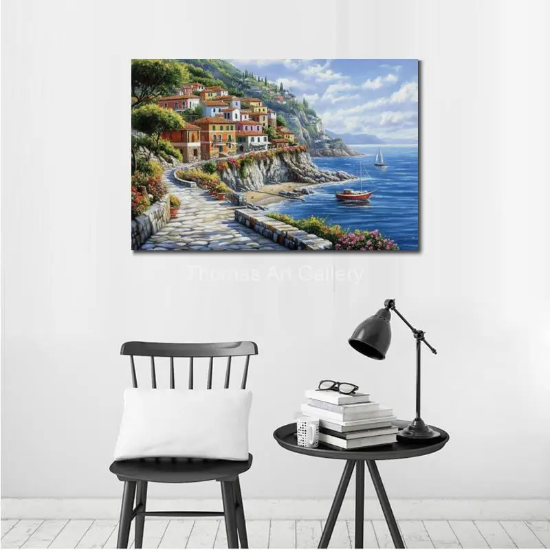 Tuscan Coastal Landscape Canvas Print Mediterranean Portofino Wall Art HD Printed Picture for Large Dining Room Restaurant Decor