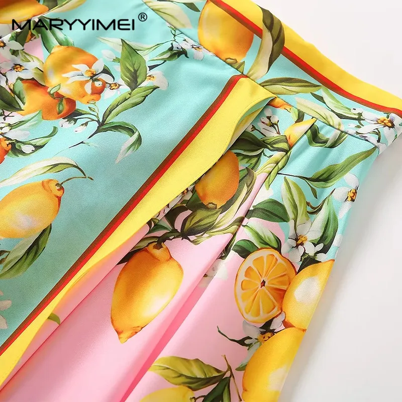 MARYYIMEI New Fashion Spring Summer Elegant Suit Square Collar Suspended＋Long Skirt Fruit printing Holiday Two Pieces Set