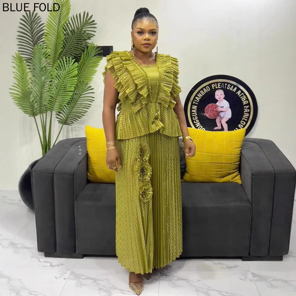 

MIYAKE African High-end Pleated Plus-size Fashionable Gold-embossed Loose-fitting Sleeveless Top and Skirt Two-piece Set