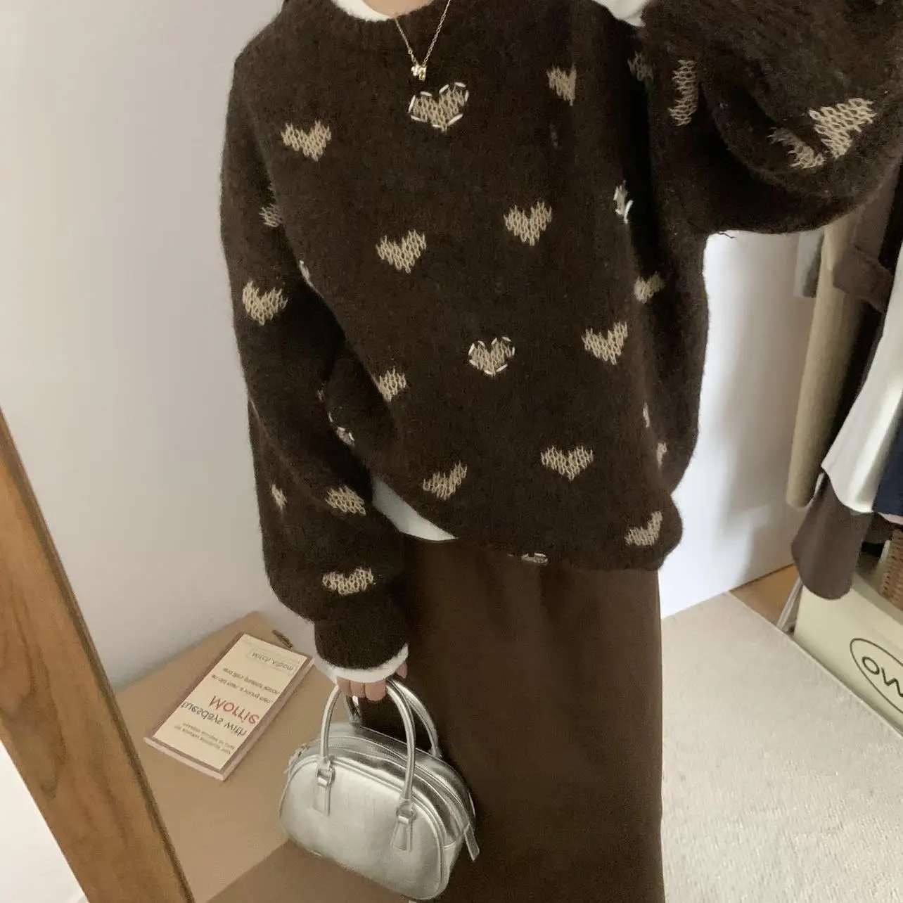 

Женский свободный вязаный свитер круглого цвета из смешанной шерсти большого размера с ленивым узором в виде сердца в стиле ретро, осенне-зимний топ