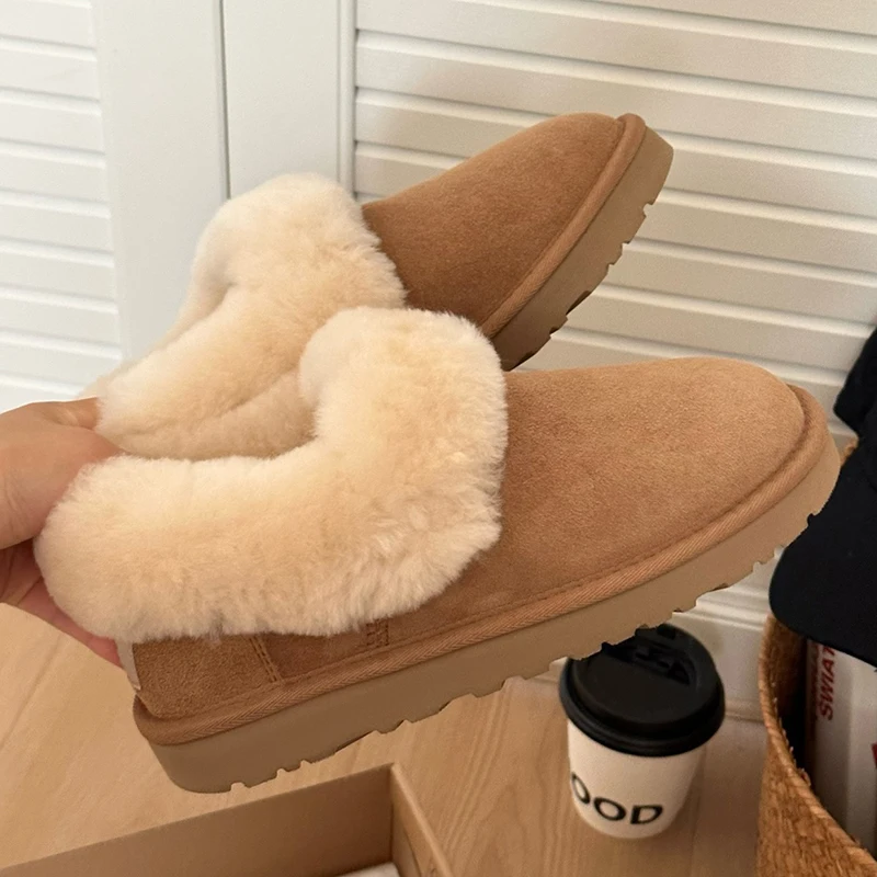 

2025 Winter New Lazy Shoes with Leather and Fur Integration Leather Flip Collar Warm Thin Bottom Snow Boots for Women