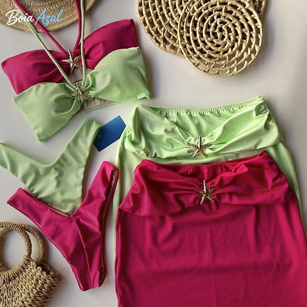 Double thin-string color-block printed neck-wrap two-piece swimsuit leopard print thin-string triangle-cup bikini swimsuit