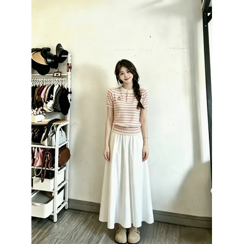 Korean Style Women's Fashion Summer 2026 High Waist Midi Skirt And Top Set Chic Glowing Handmade Sewing Short Sleeve T-Shirt
