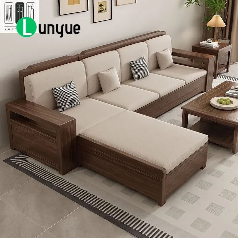 New Chinese Style Solid Wood Sofa Black Walnut Combination Living Room Furniture Nordic Simple Design Winter Summer Dual