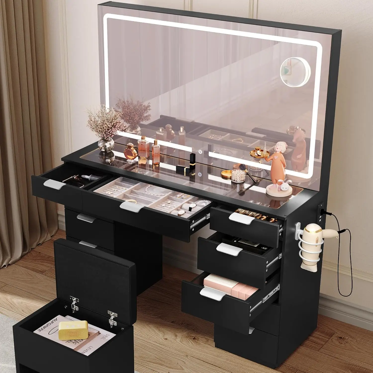 Vanity Desk with Large LED Mirror, Charging Station, 11 Drawers,Makeup Vanity with Tempered Glass Top, Storage Bench