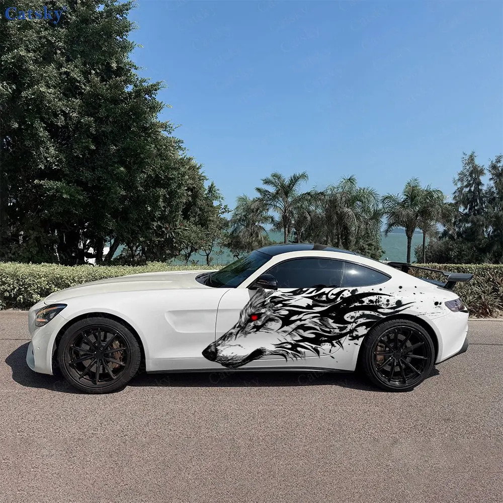 2pcs Red Eyes Black Wolf Car Decal Full Body Floral Decoration Covering Scratches Protect Car Decal Waterproof Car Vinyl Wrap