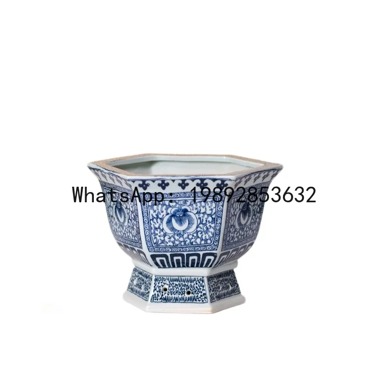Xl hexagonal hook lotus pot ceramic flower pot blue and white porcelain tree flower pot