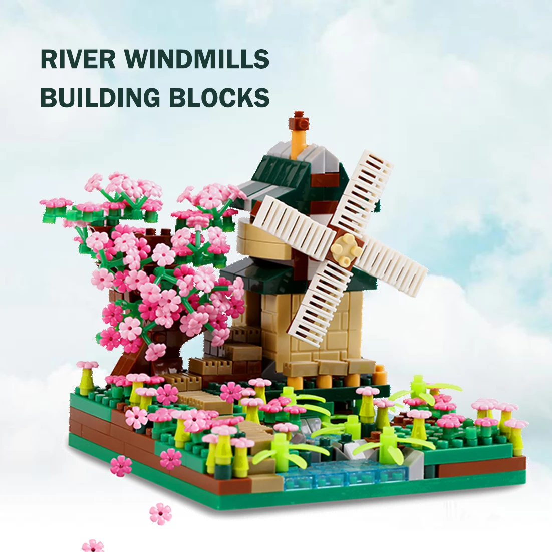 

600+PCS Sakura Windmill Micro Building Blocks Flower House City Street View Architecture Assemble Bricks Toys Gift For Kid Girls