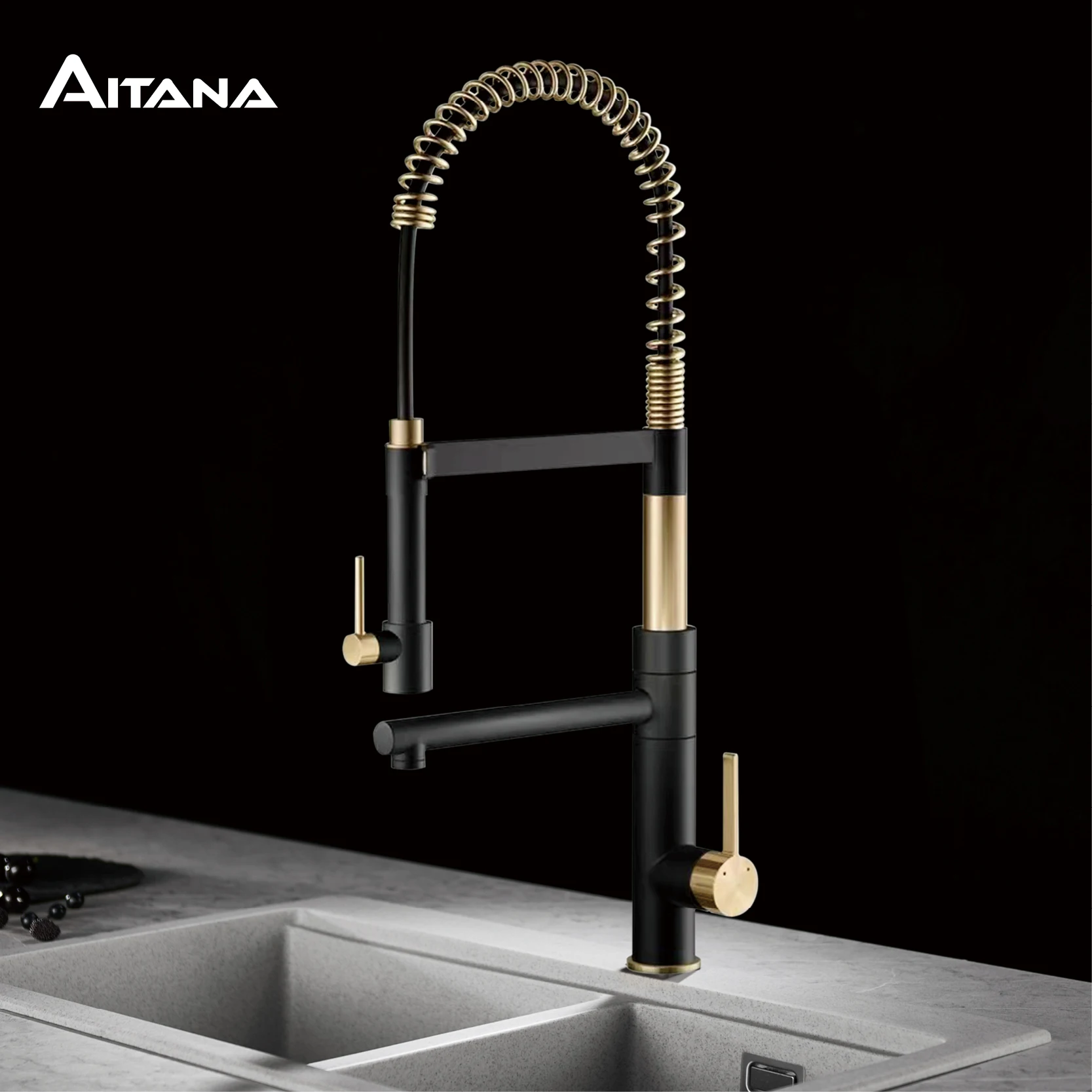 Luxury black brass kitchen faucet with magnetic suction Pull-Out design Two handles Dual control of hot and cold 2-function Tap