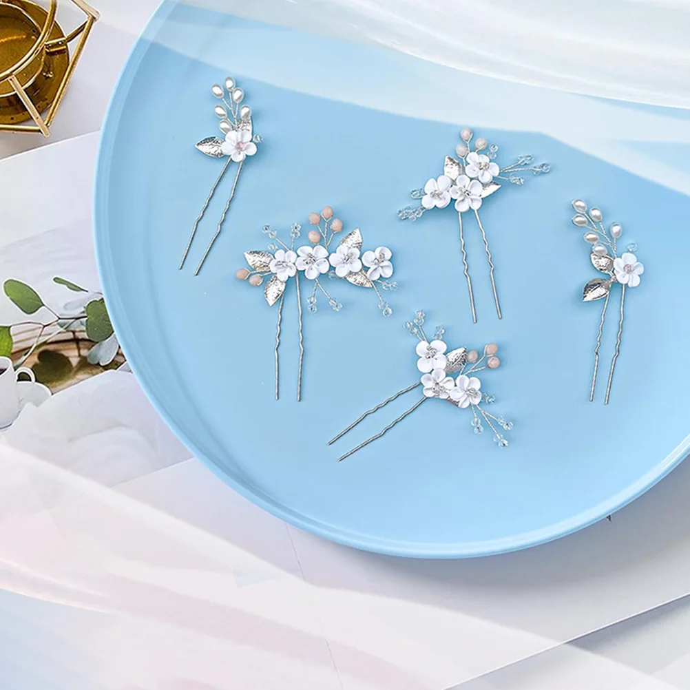 

5pcs Metal Leaves Hairpins U shaped Hair Forks Wedding Bridal Accessories Rhinestone Hairpieces Elegant