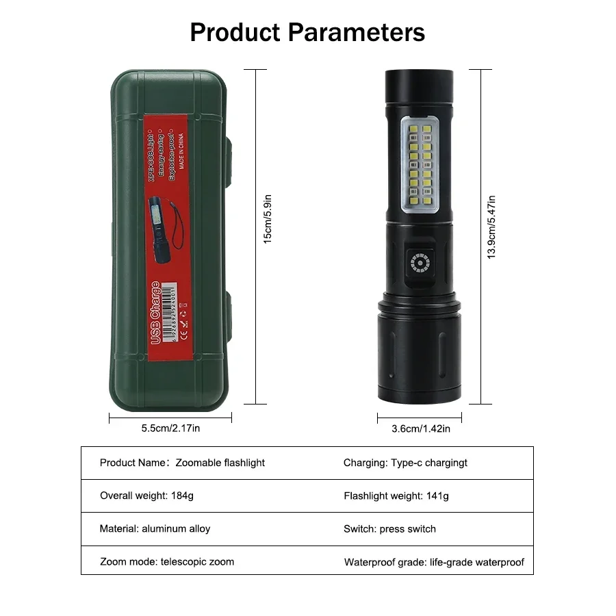 High Power LED Flashlight with Side Light Built-in 18650 Battery Telescopic Zoom Portable Torch Outdoor Riding Camping Lantern