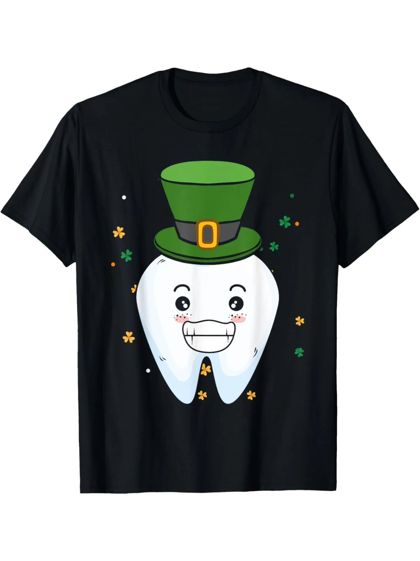 Funny Men's Black Graphic T-Shirt Cartoon Tooth Green Hat Clover Flower Lucky Holiday Print 100% Cotton Heavyweight Short Sleeve Casual Streetwear Tee