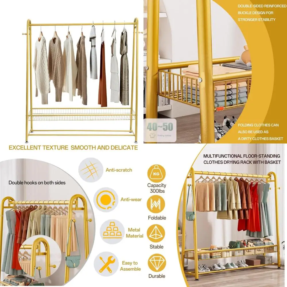 

Heavy-Duty Portable Metal Clothes Rack for Sturdy Storage - Load 300 Lbs, Ideal Coat Organizer with Basket for Clothing