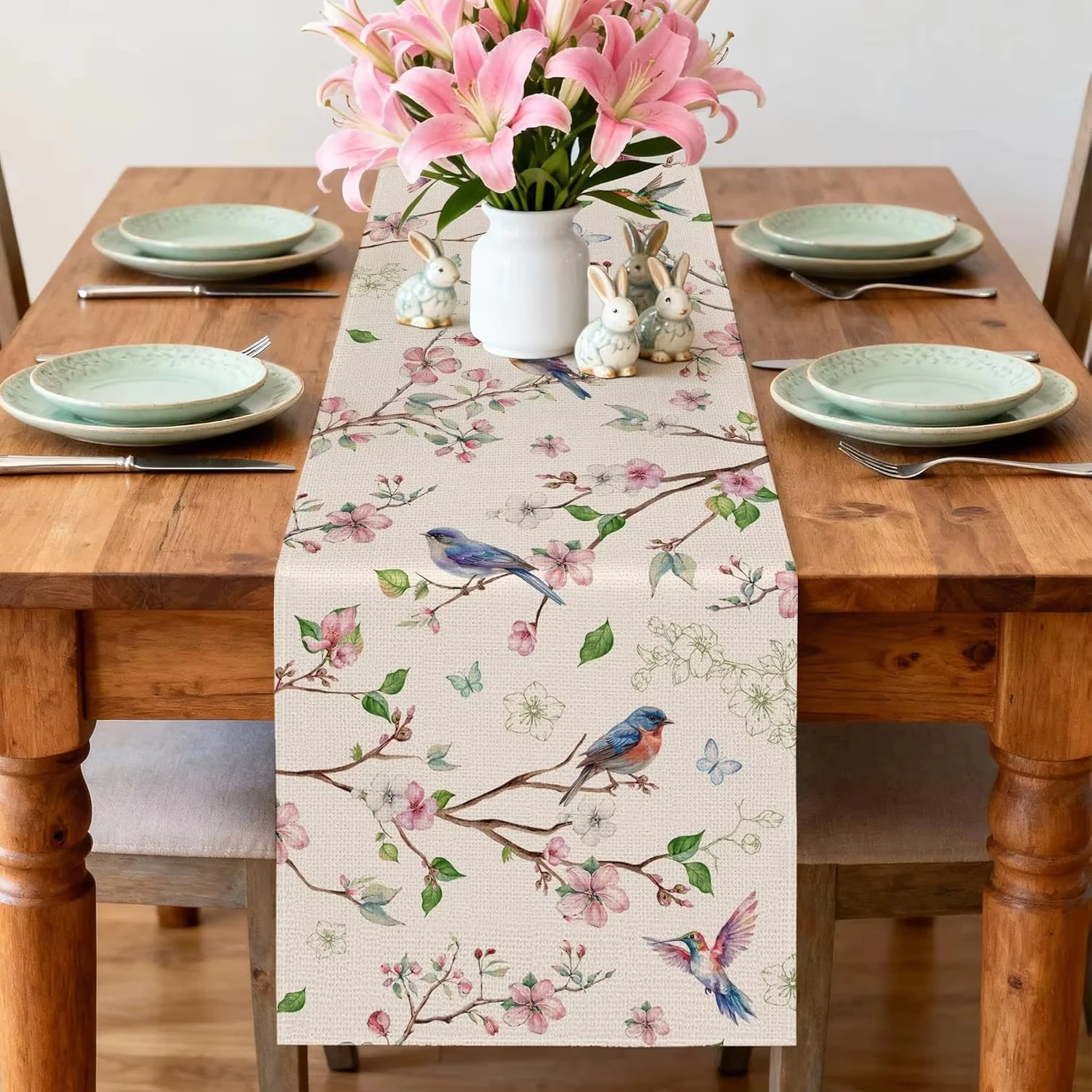 1 Stück Aquarell-Tischläufer mit Blumen- und Vogelmotiven sowie Schmetterlingsdrucken, perfekt für Esstisch, Sideboard und Wohnzimmer-Dekoration