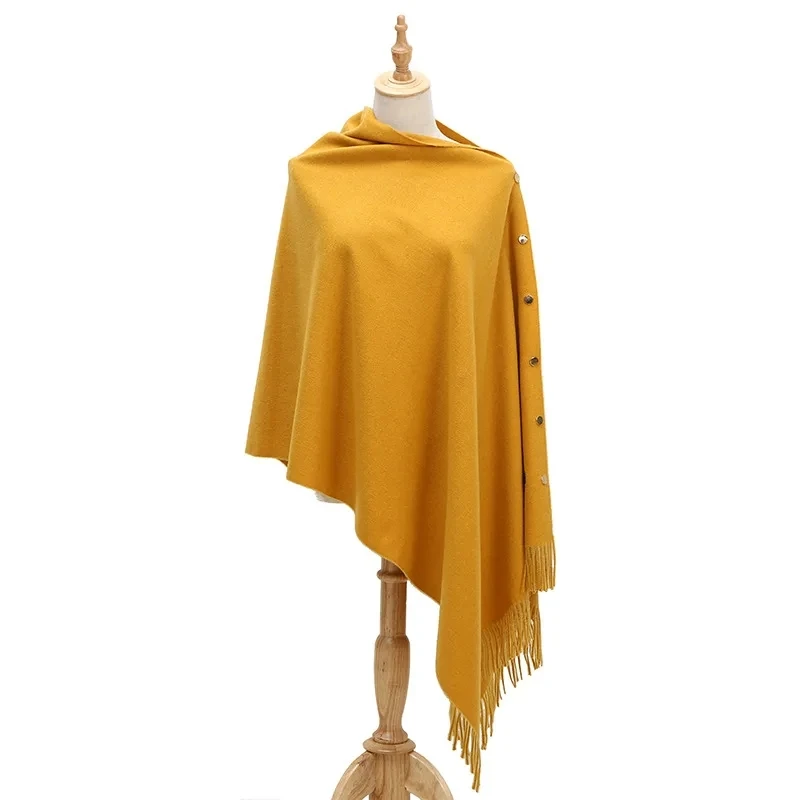 Spring Autumn Women Imitation Cashmere Lady Shawl Warm Pure Color Tassel Cloak Shawl Scarf Dual Purpose Poncho Capes Yellow