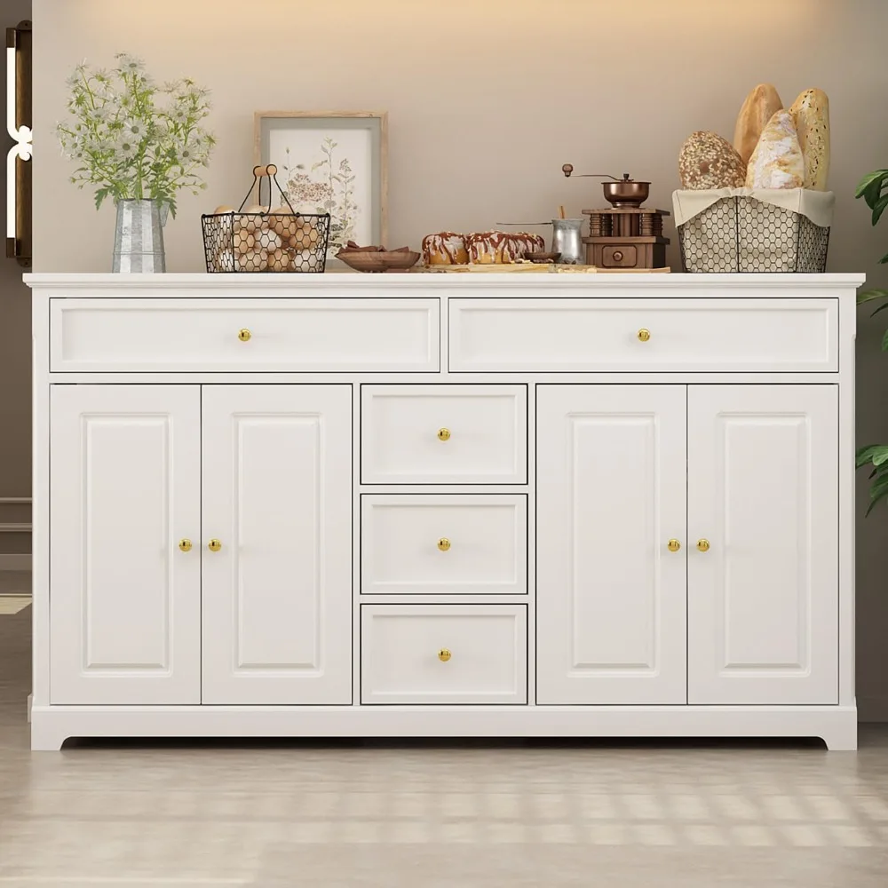 

Buffet Cabinet Storage Kitchen Sideboard Farmhouse Buffet Server Bar Wine Cabinet with 5 Drawers & 4 Doors, Console Table