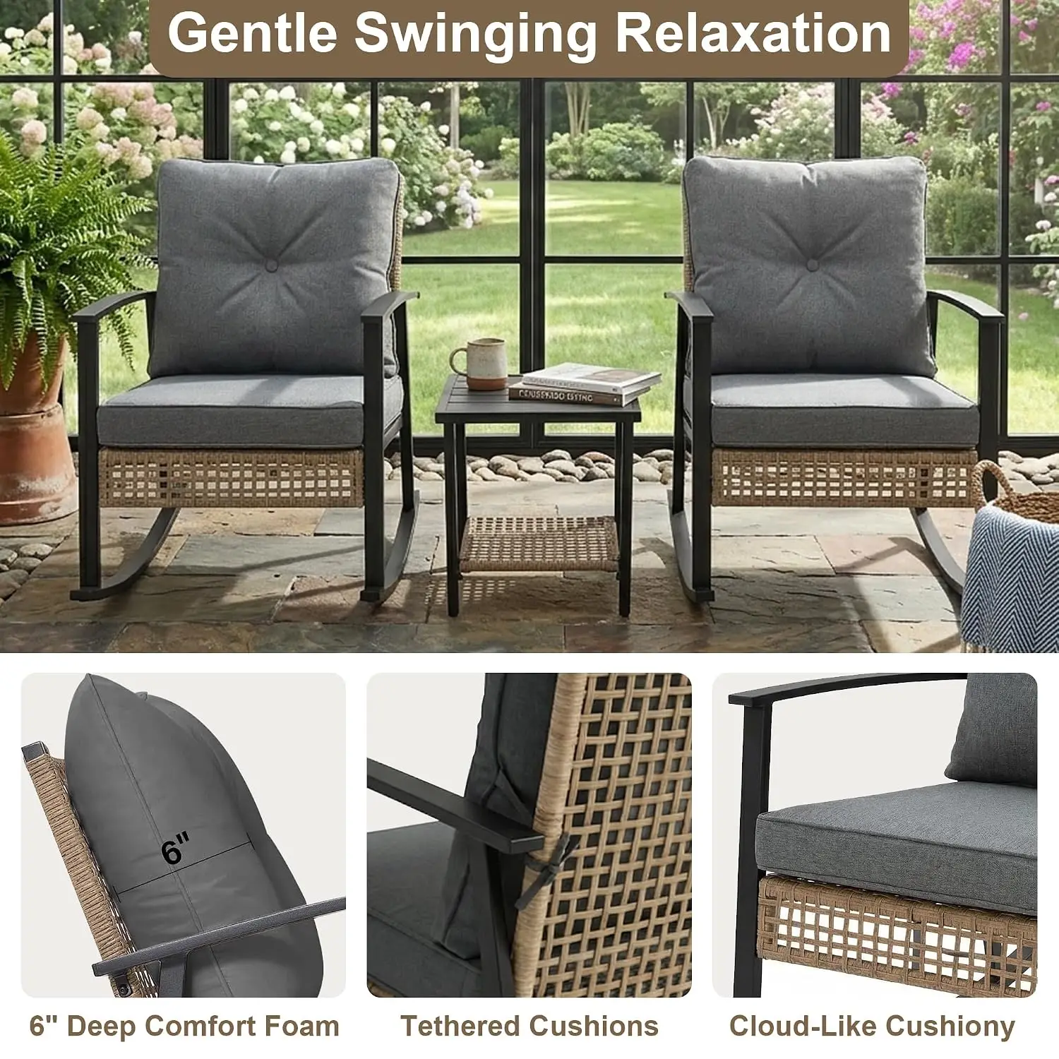 3-Piece Patio Bistro Set with Rocking Chairs & Thick Cushions, 2-Tier Coffee Table for Backyard Garden Balcony, Customized
