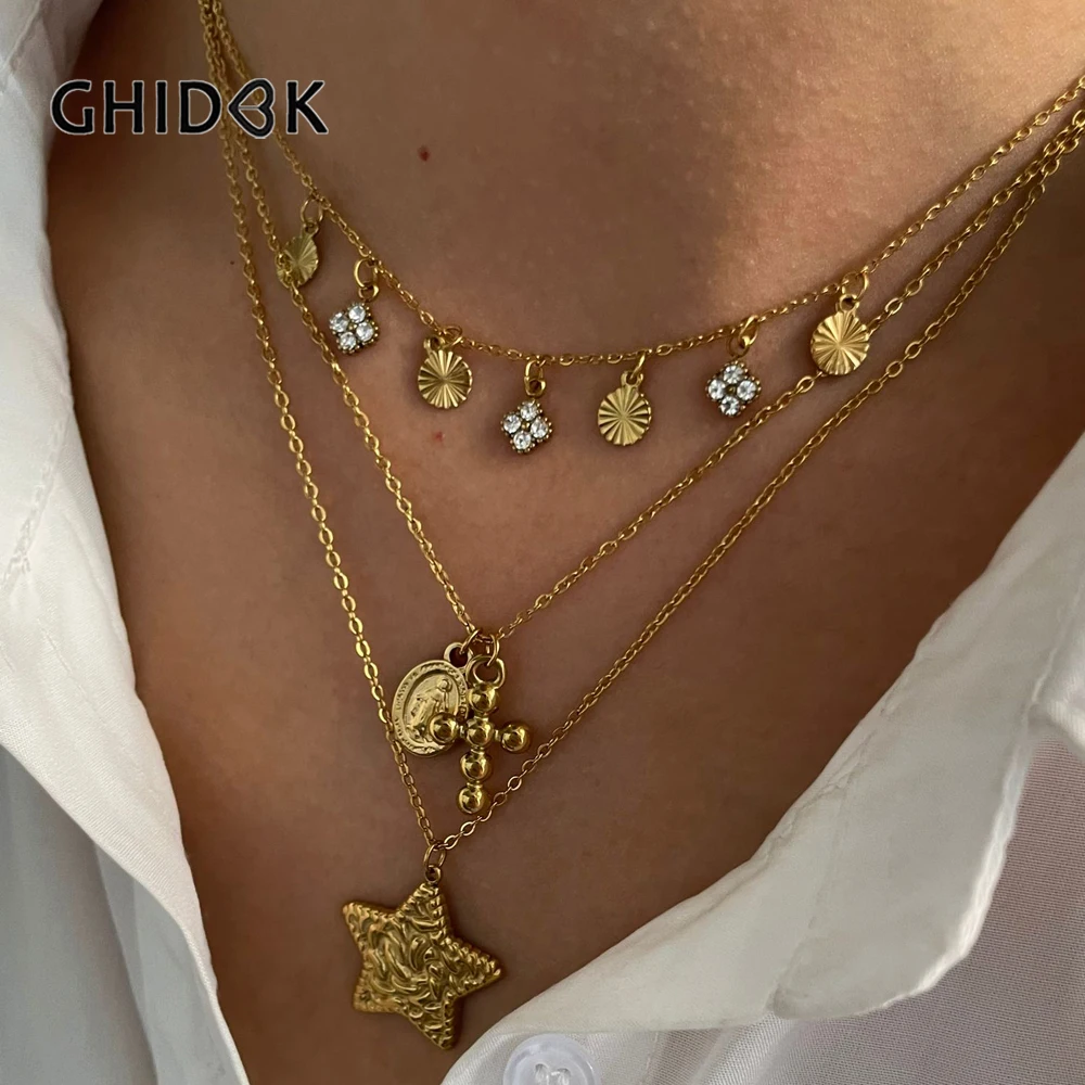 GHIDBK Collar con colgante ovalado de cruz de estrella chapado en oro de 18 quilates vintage de moda para mujer joyería diaria apilable de acero inoxidable 316L