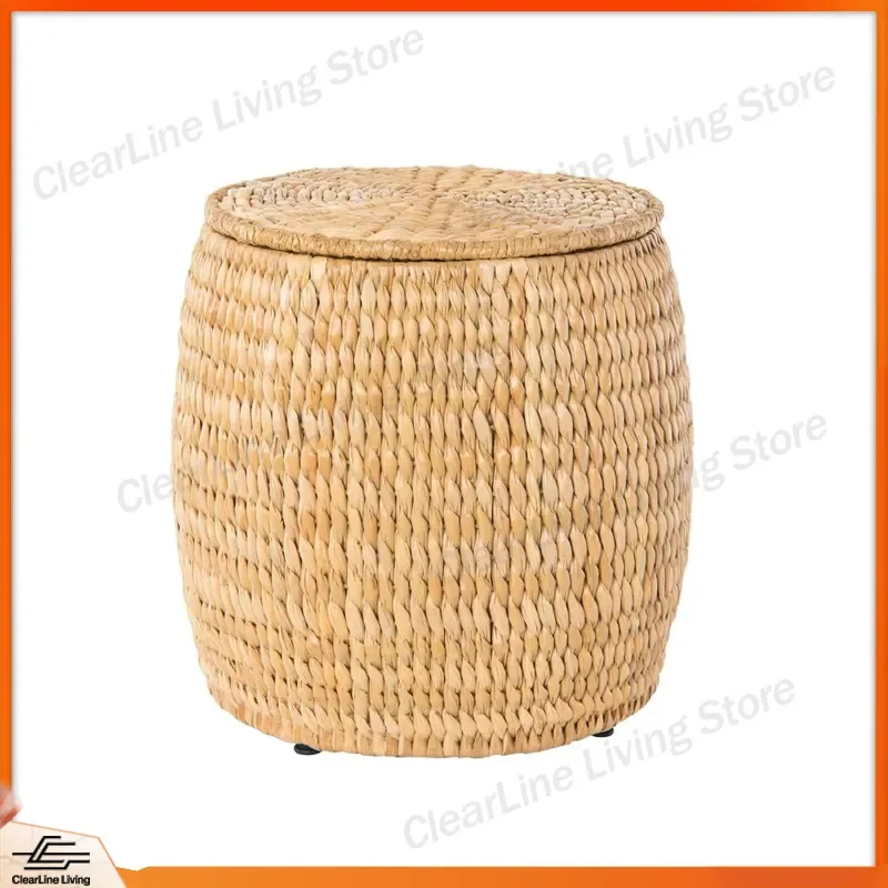 Hand Woven Eco Friendly Bohemian Water Hyacinth Footstool with Storage Customizable Size for Living Room Bedroom Home Decor